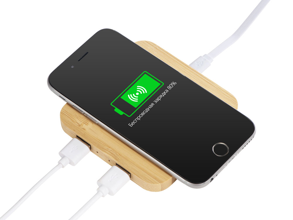 USB-хаб с беспроводной зарядкой из бамбука «Plato», 5 Вт — изображение 2