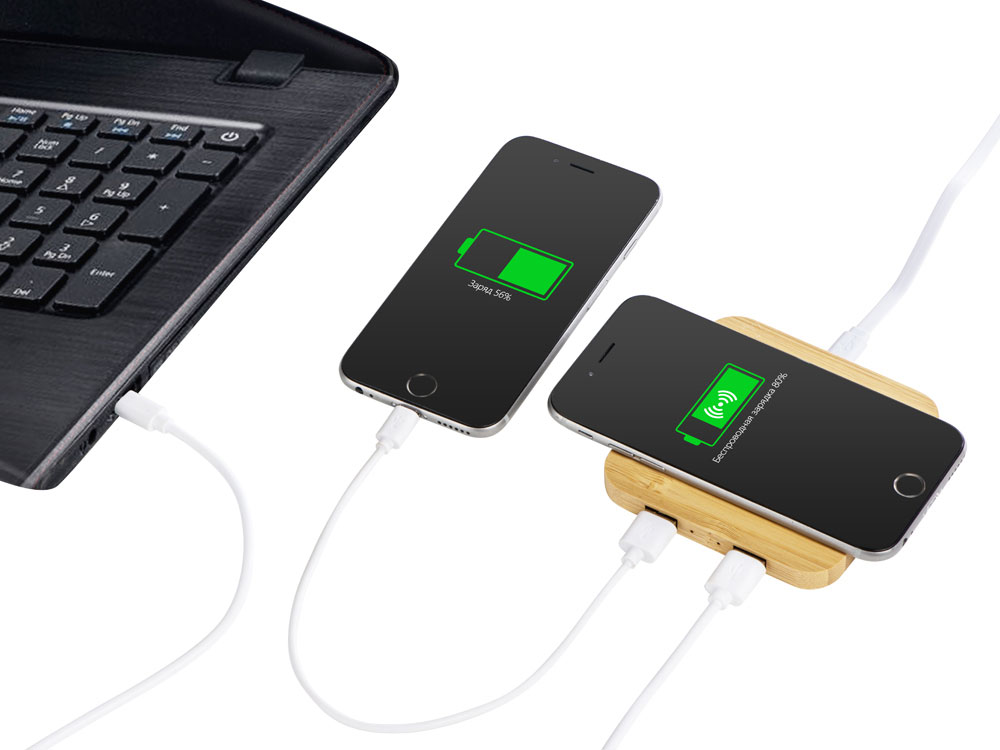 USB-хаб с беспроводной зарядкой из бамбука «Plato», 5 Вт — изображение 3